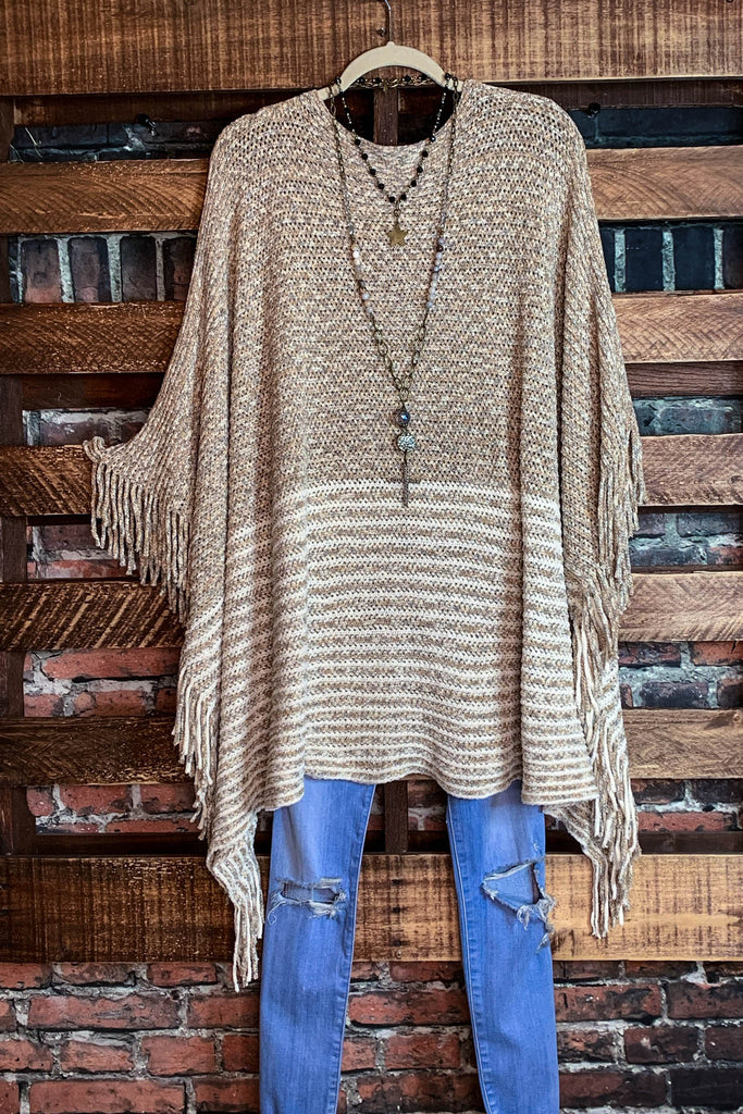 EVERYTHING YOU NEED BOUCLE RUANA TUNIC PONCHO IN BEIGE & MOCHA