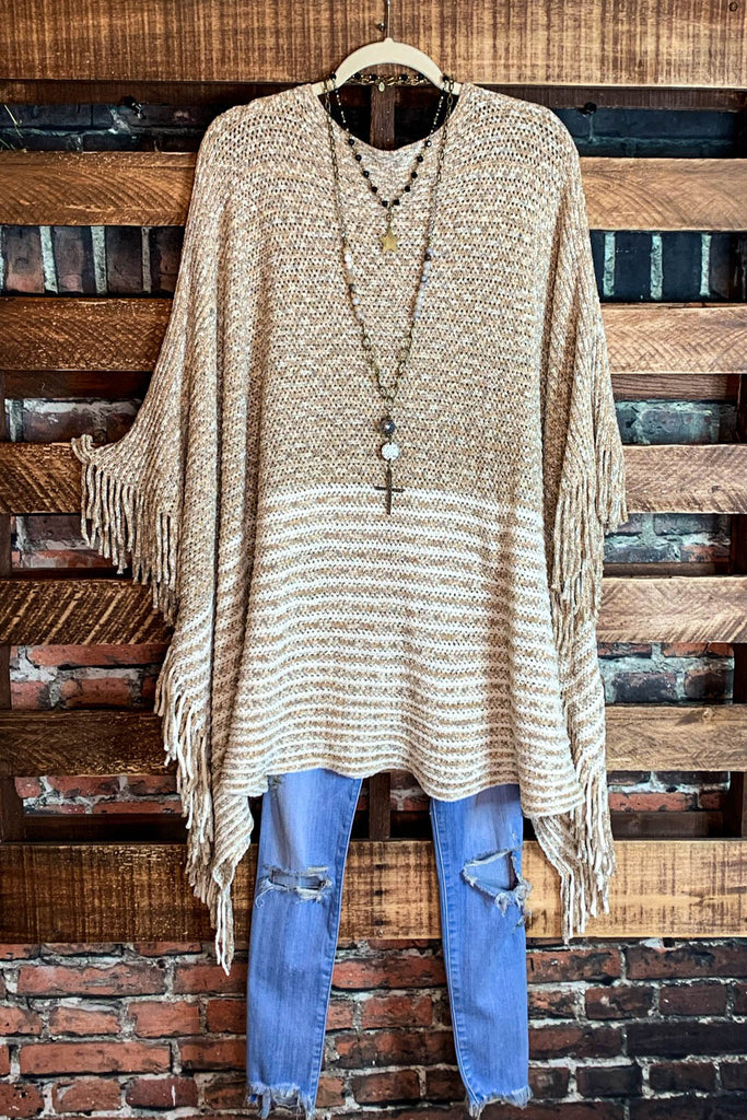 EVERYTHING YOU NEED BOUCLE RUANA TUNIC PONCHO IN BEIGE & MOCHA