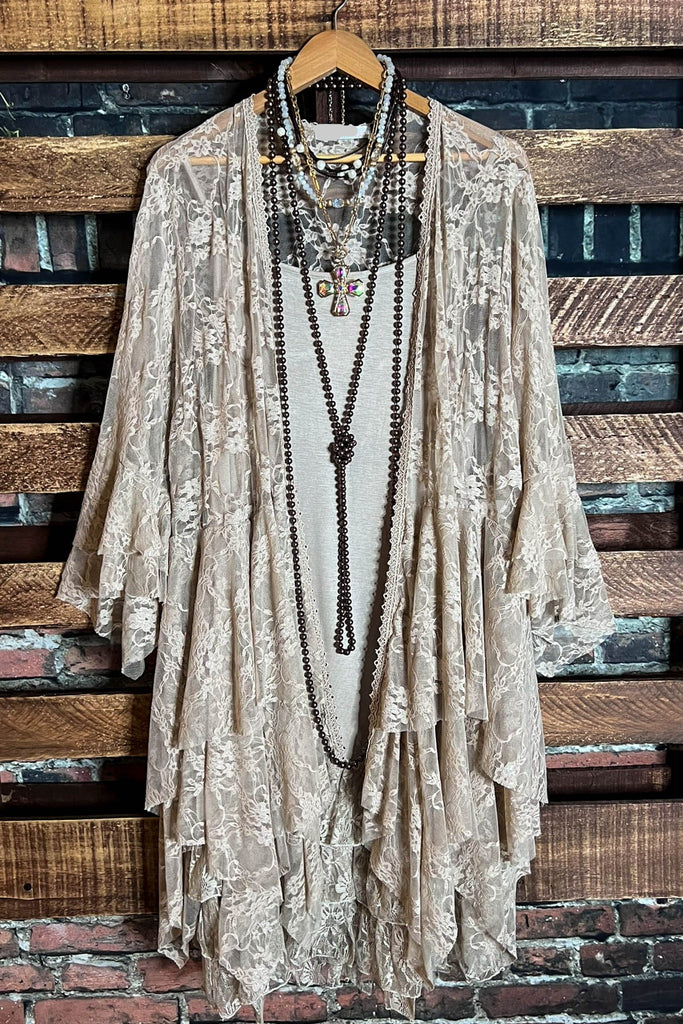 The Beauty Of Becoming Taupe Fab Lace Cardigan