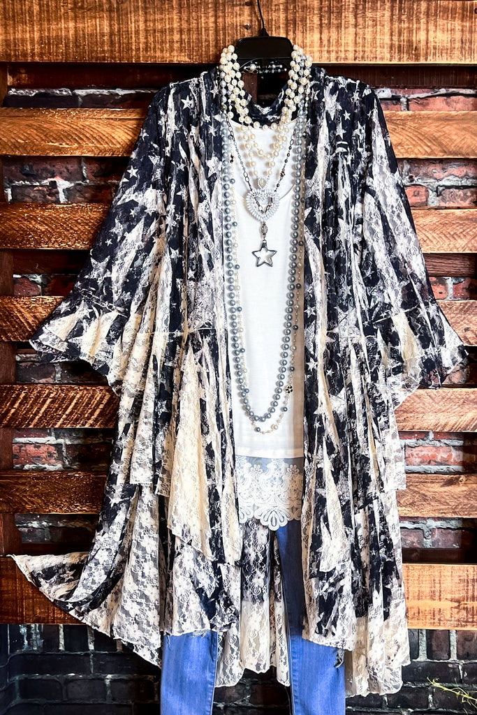 WRITTEN IN THE STARS LACE DUSTER LONG CARDIGAN IN BLACK