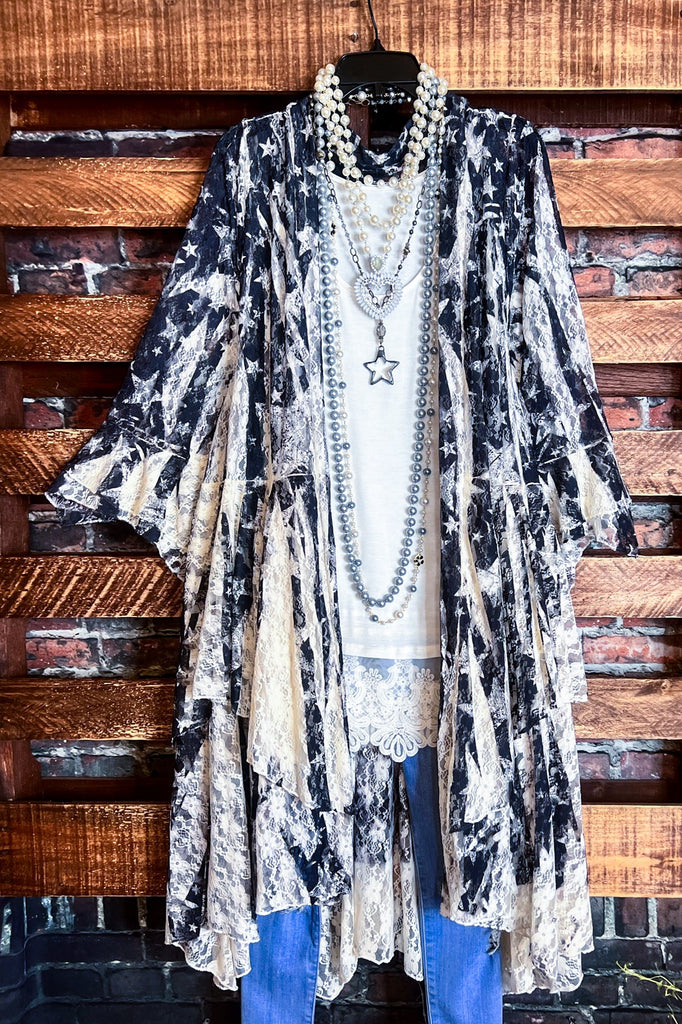 WRITTEN IN THE STARS LACE DUSTER LONG CARDIGAN IN BLACK