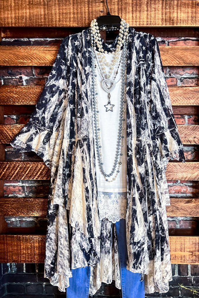 WRITTEN IN THE STARS LACE DUSTER LONG CARDIGAN IN BLACK