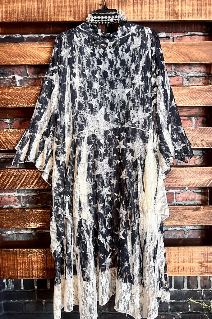 WRITTEN IN THE STARS LACE DUSTER LONG CARDIGAN IN BLACK