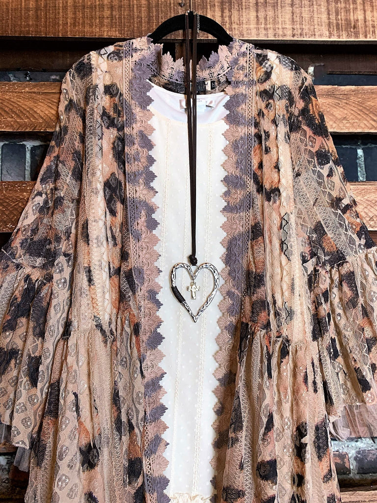BEYOND BEAUTY LACE KIMONO IN TAUPE & LEOPARD PRINT