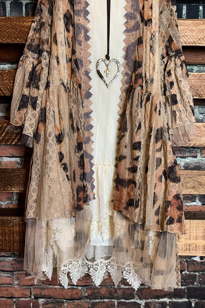 BEYOND BEAUTY LACE KIMONO IN TAUPE & LEOPARD PRINT