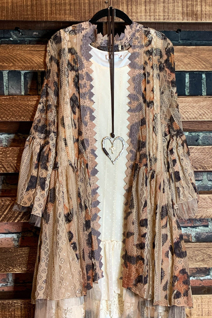 BEYOND BEAUTY LACE KIMONO IN TAUPE & LEOPARD PRINT