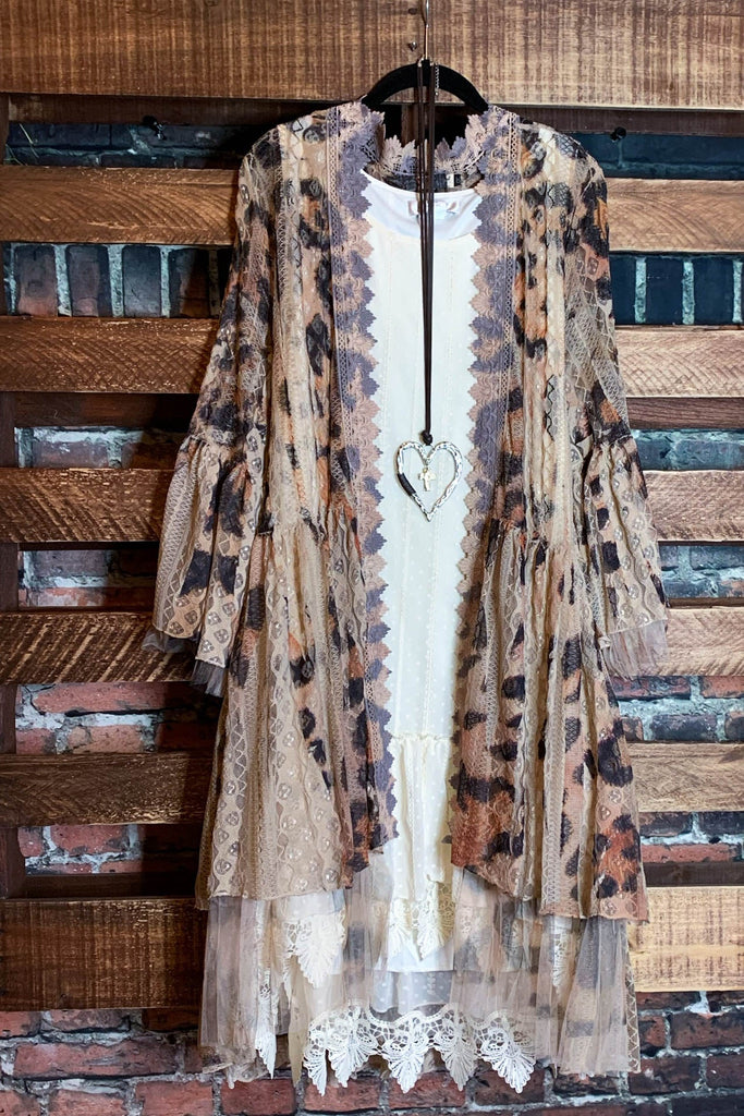 BEYOND BEAUTY LACE KIMONO IN TAUPE & LEOPARD PRINT