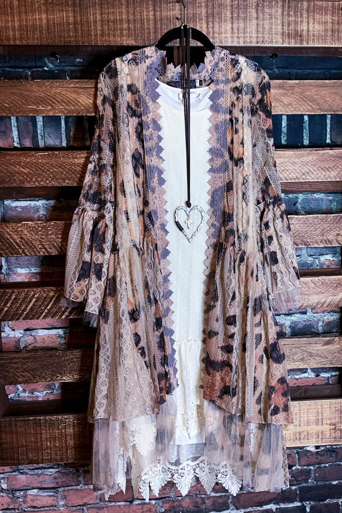 BEYOND BEAUTY LACE KIMONO IN TAUPE & LEOPARD PRINT