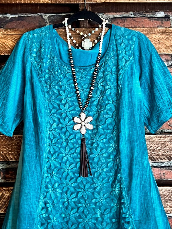SWEET BEAUTY LACE EMBROIDERED TUNIC IN TEAL SHADES