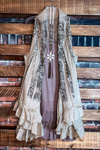 BELIEVE IN MAGIC OF NEW BEGINNINGS LACE VEST IN TAUPE