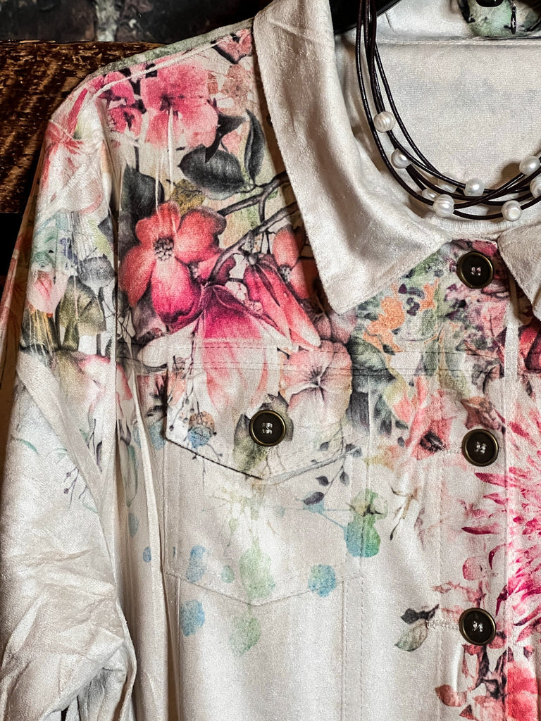 LES ROSES SONT ÉTERNELLES FLORAL PRINT SUEDE & LACE JACKET