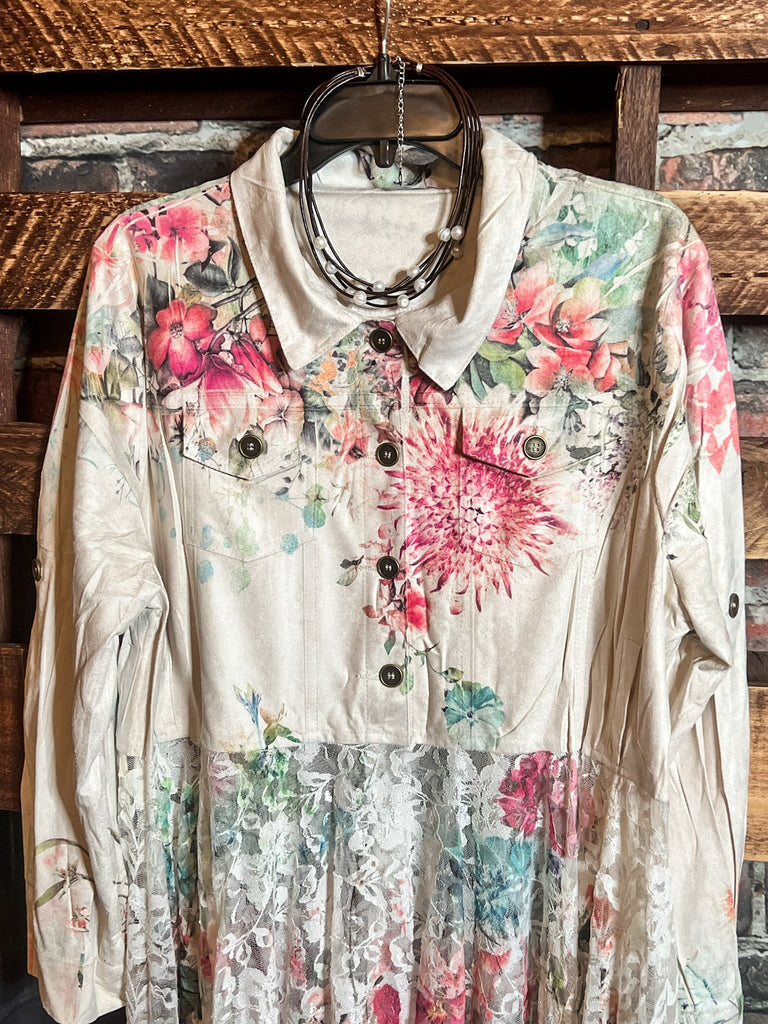 LES ROSES SONT ÉTERNELLES FLORAL PRINT SUEDE & LACE JACKET