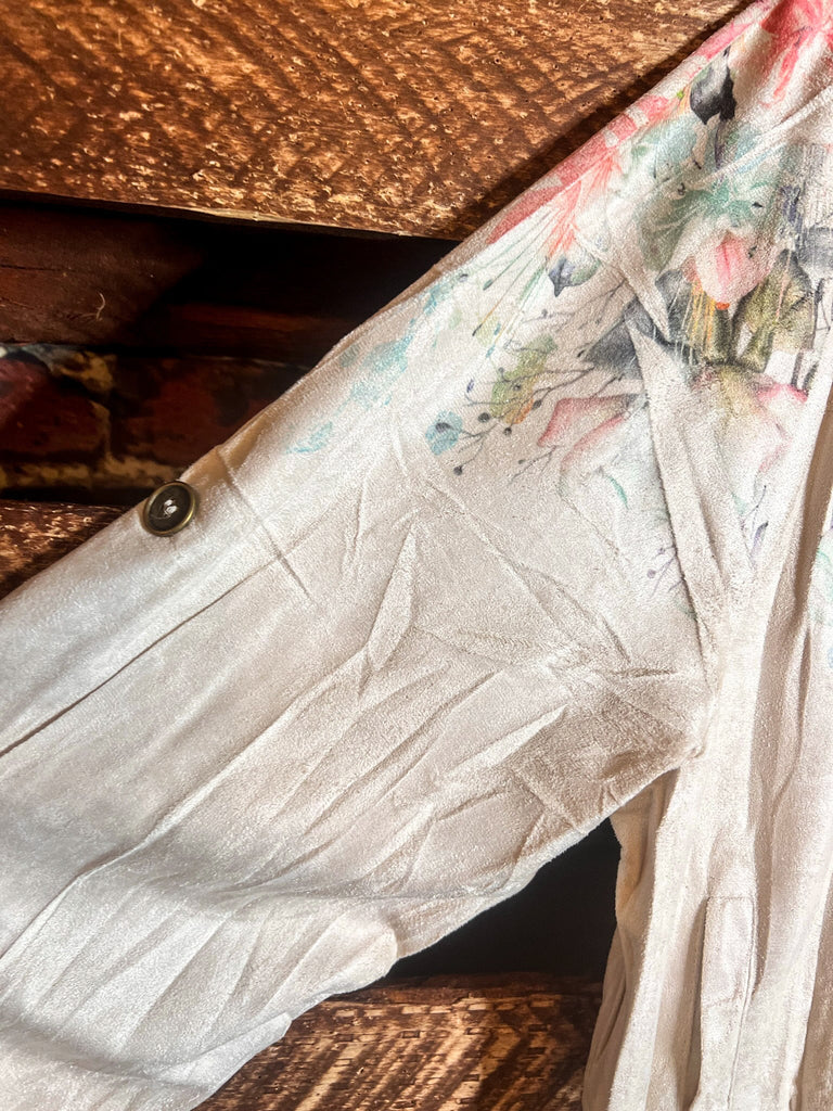 LES ROSES SONT ÉTERNELLES FLORAL PRINT SUEDE & LACE JACKET