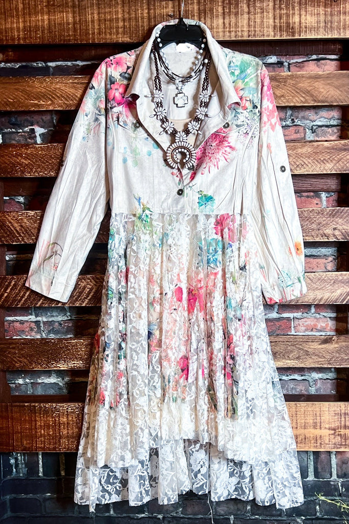 LES ROSES SONT ÉTERNELLES FLORAL PRINT SUEDE & LACE JACKET