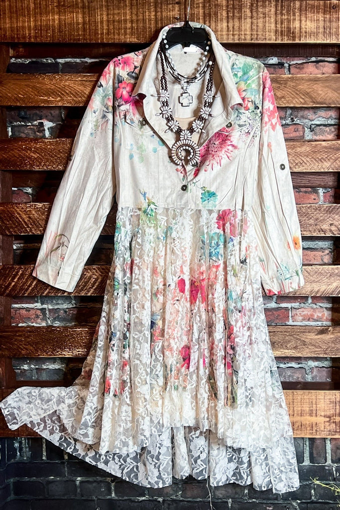 LES ROSES SONT ÉTERNELLES FLORAL PRINT SUEDE & LACE JACKET