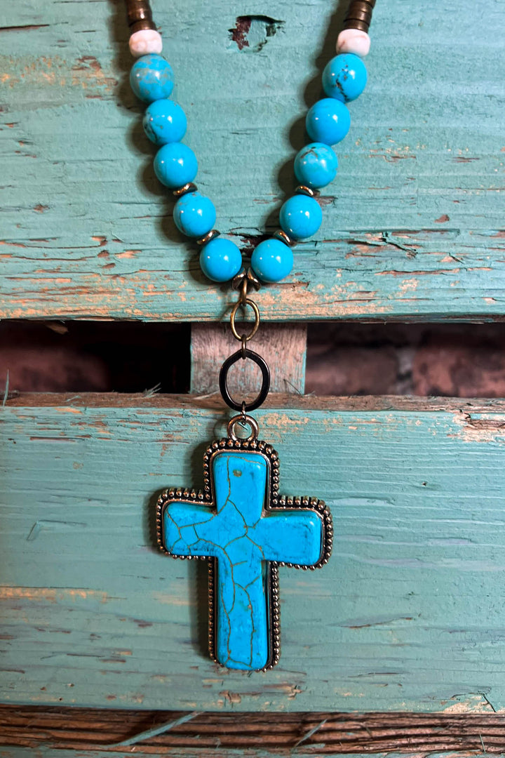 Country Western Rustic Cross Necklace in Turquoise
