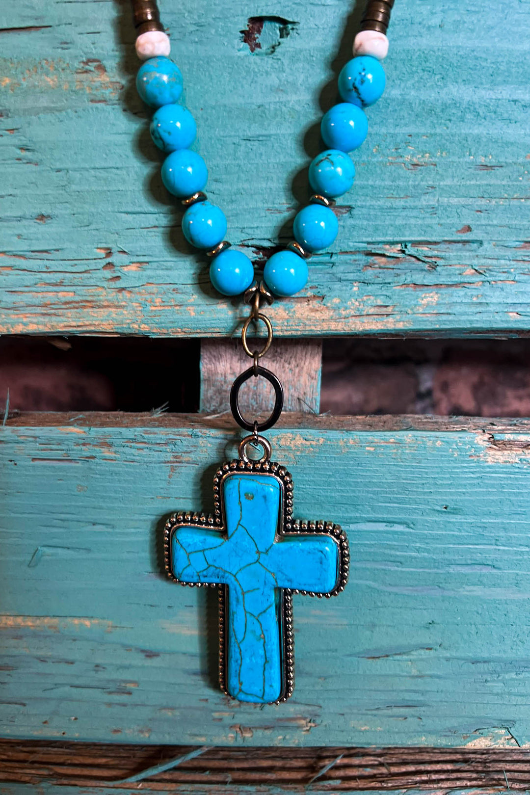 Country Western Rustic Cross Necklace in Turquoise