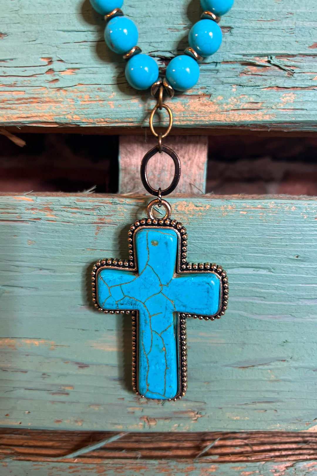 Country Western Rustic Cross Necklace in Turquoise