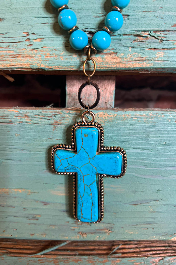Country Western Rustic Cross Necklace in Turquoise