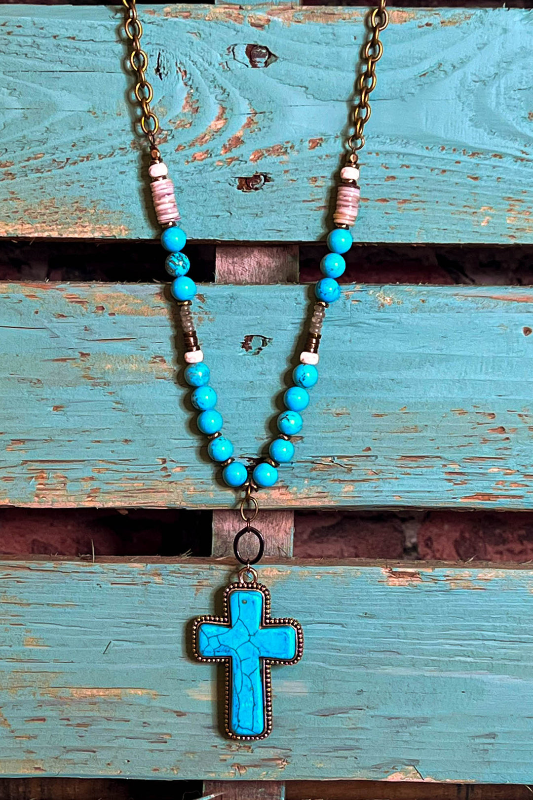 Country Western Rustic Cross Necklace in Turquoise
