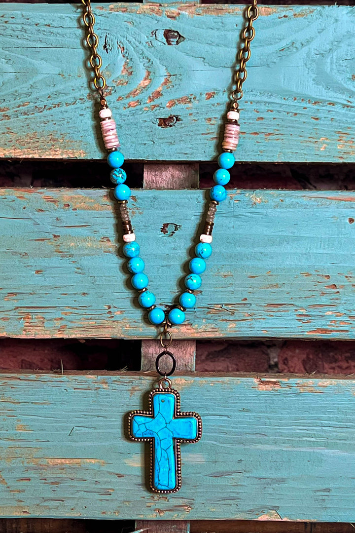 Country Western Rustic Cross Necklace in Turquoise