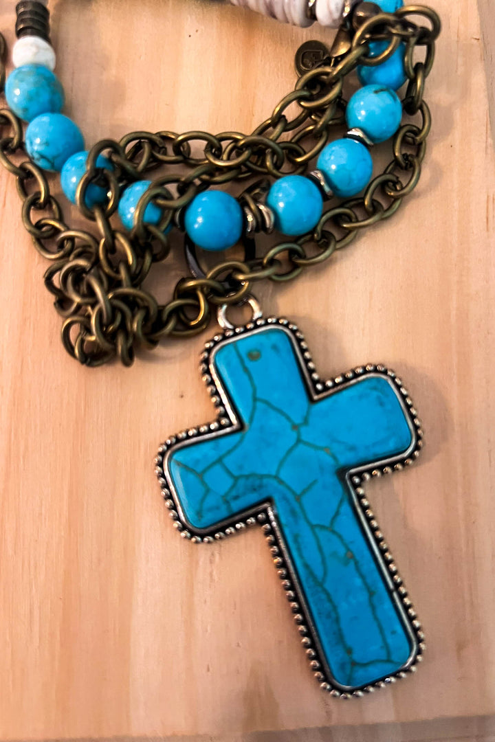 Country Western Rustic Cross Necklace in Turquoise