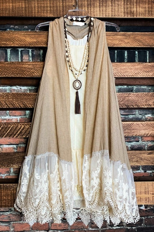 A FAIRYTALE DREAM LACE VEST IN TAUPE