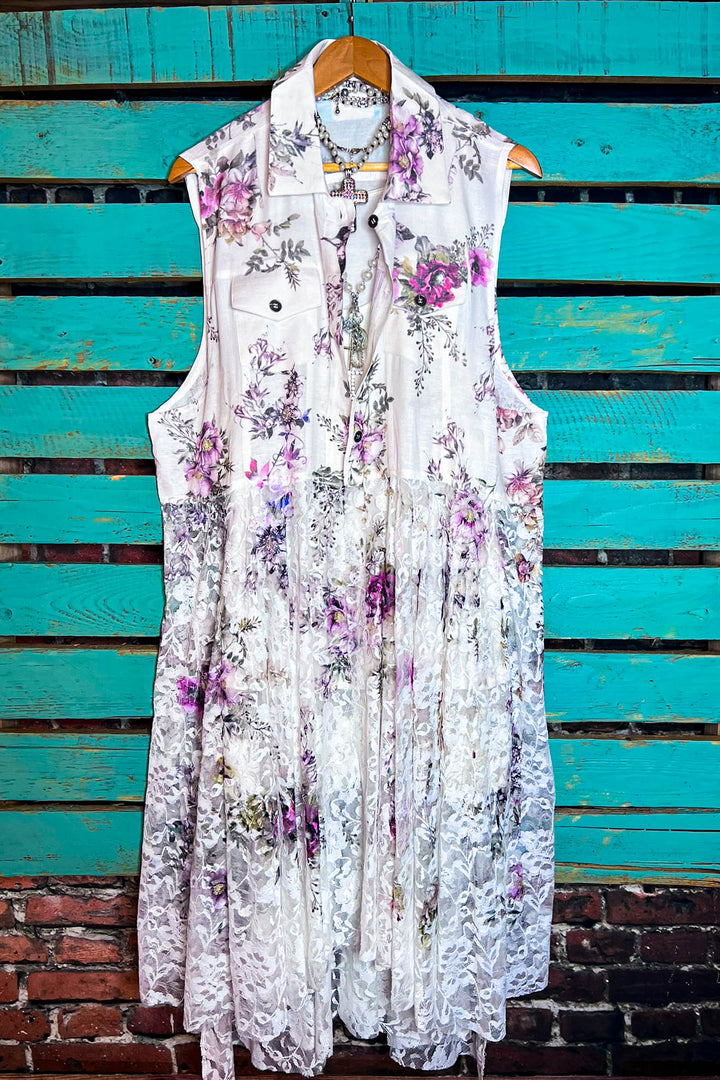 A Touch Of Love Fab. Lace Long Vest In Ivory & Multi-Color