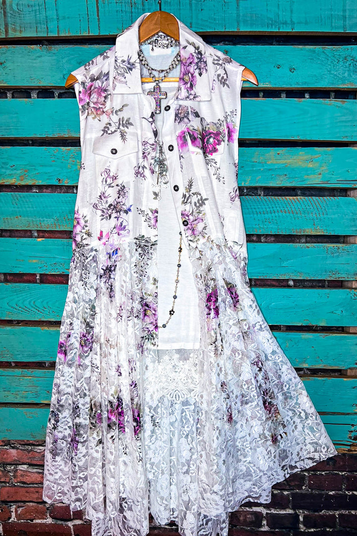 A Touch Of Love Fab. Lace Long Vest In Ivory & Multi-Color