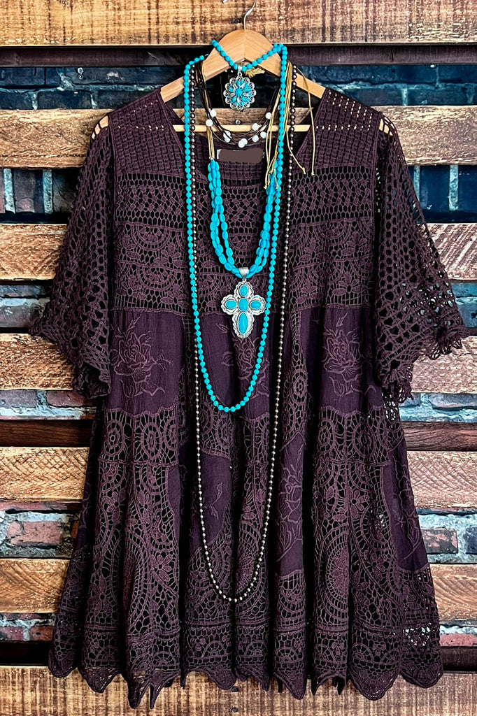 A FAIRYTALE UNIQUE 100% COTTON BROWN CROCHET LACE TUNIC