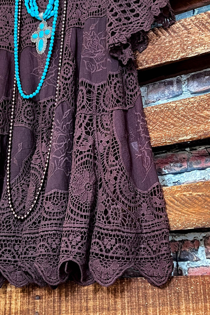 A FAIRYTALE UNIQUE 100% COTTON BROWN CROCHET LACE TUNIC
