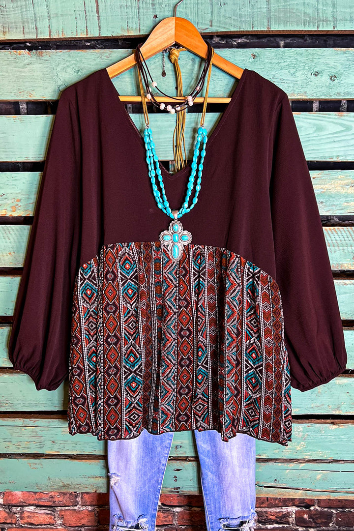 Gotta Get Going Tribal Print Top in Brown Chocolate & Multi-Color