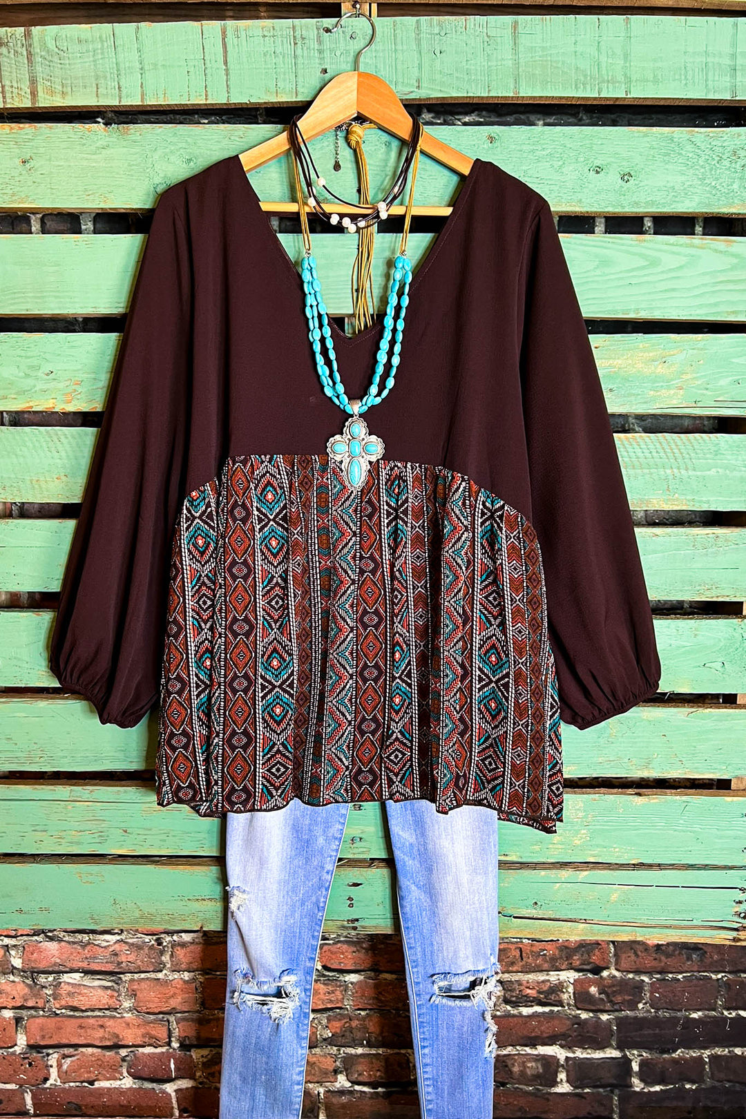 Gotta Get Going Tribal Print Top in Brown Chocolate & Multi-Color