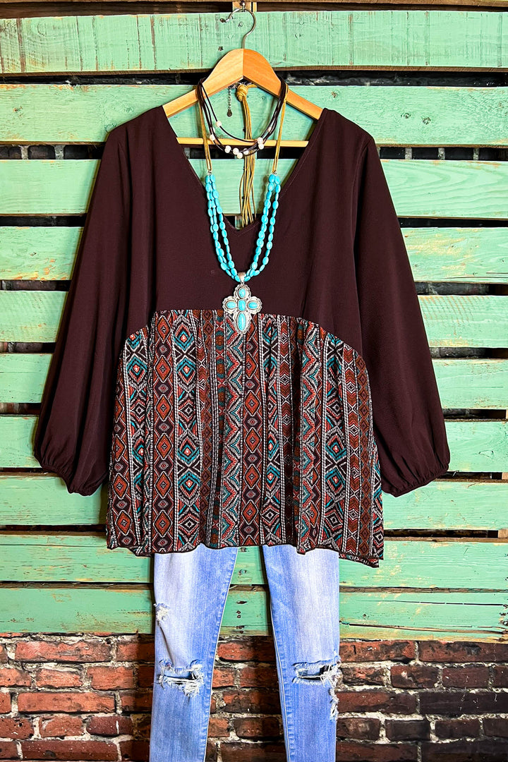 Gotta Get Going Tribal Print Top in Brown Chocolate & Multi-Color