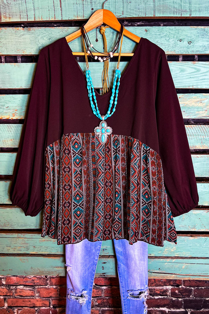 Gotta Get Going Tribal Print Top in Brown Chocolate & Multi-Color