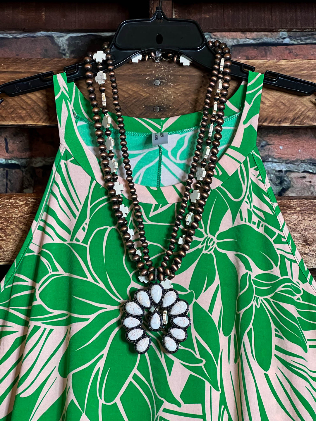 DREAMING OF PARADISE PALMS DRESS BEIGE & GREEN----------sale