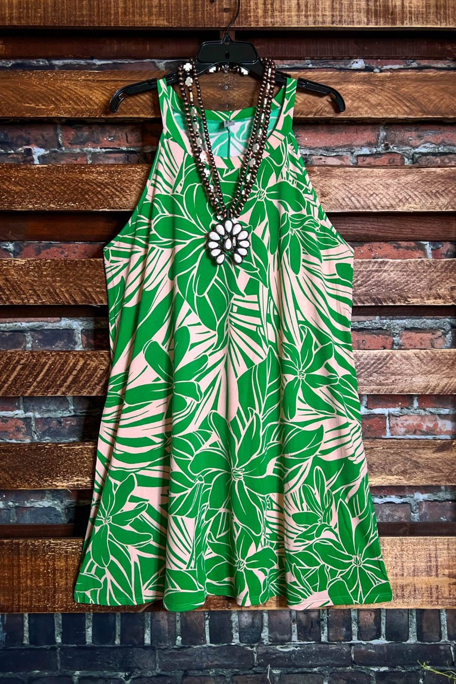 DREAMING OF PARADISE PALMS DRESS BEIGE & GREEN----------sale