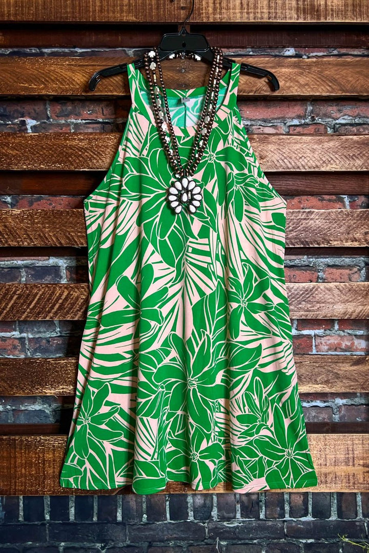 DREAMING OF PARADISE PALMS DRESS BEIGE & GREEN----------sale