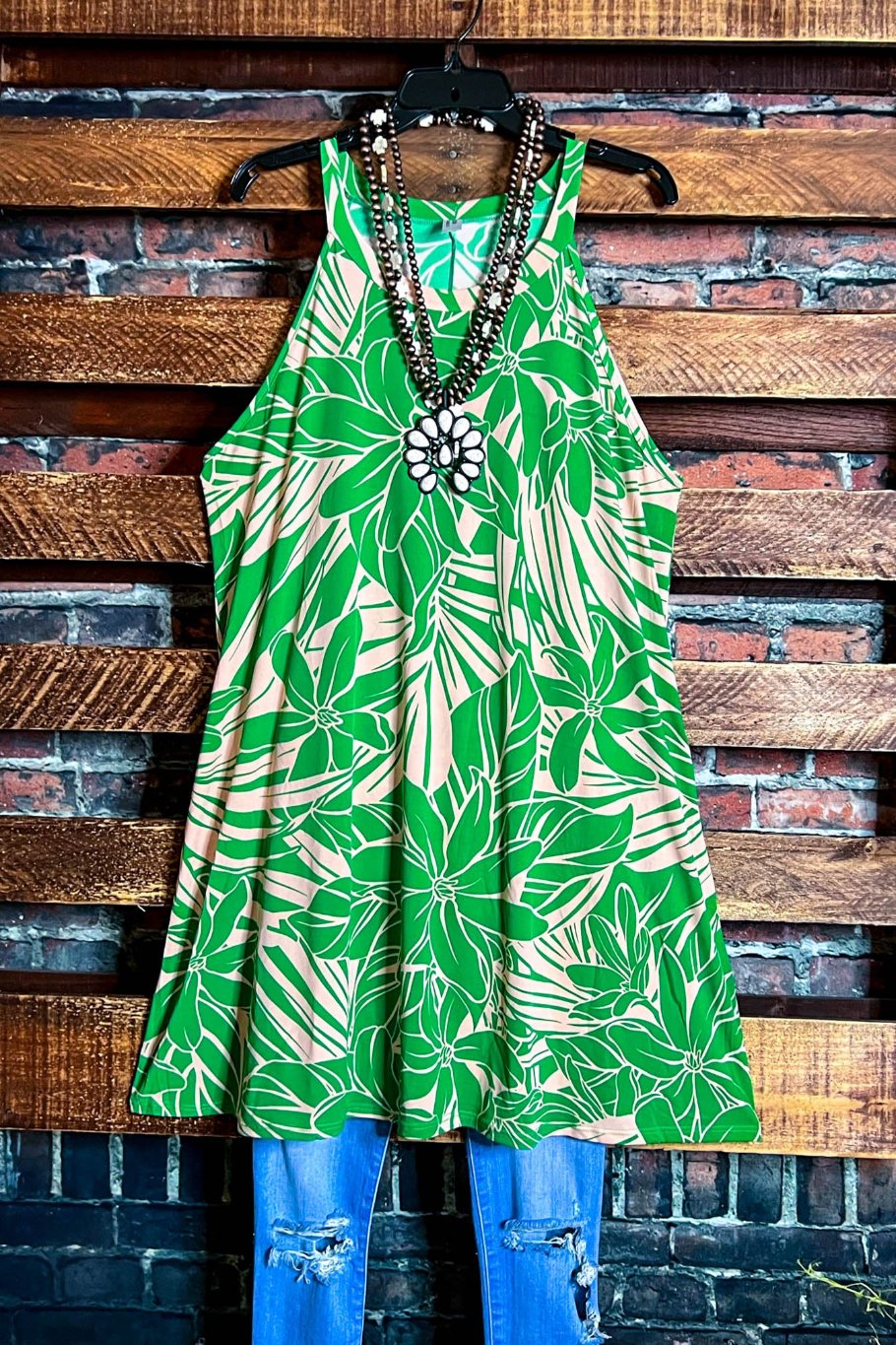 DREAMING OF PARADISE PALMS DRESS BEIGE & GREEN----------sale