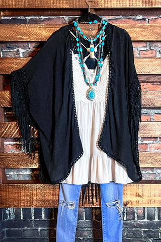 WRITTEN IN THE STARS LACE DUSTER LONG CARDIGAN IN BLACK