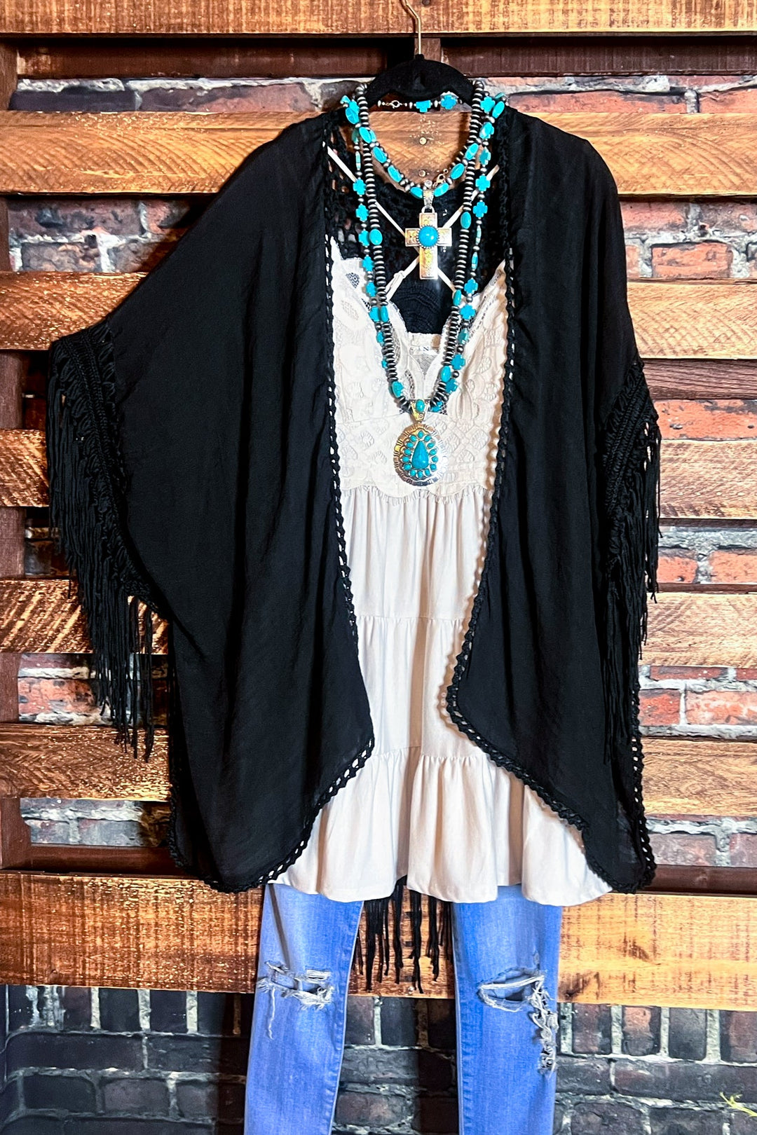 LIVING FREE BOHO CROCHET FRINGE BLACK KIMONO
