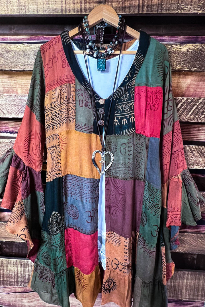 Light Spirit Patchwork Kimono Jacket in Rust & Multi-Color