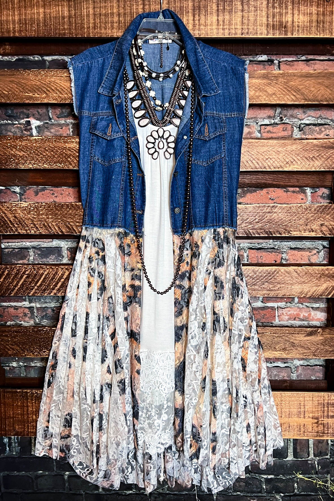 NEVER OUT OF STYLE LEOPARD LACE SHABBY TRIM DENIM VEST