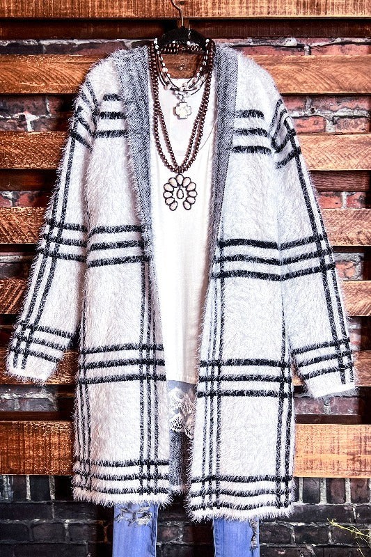 PLAID SWEATER CARDIGAN S-3X IN IVORY ---------SALE