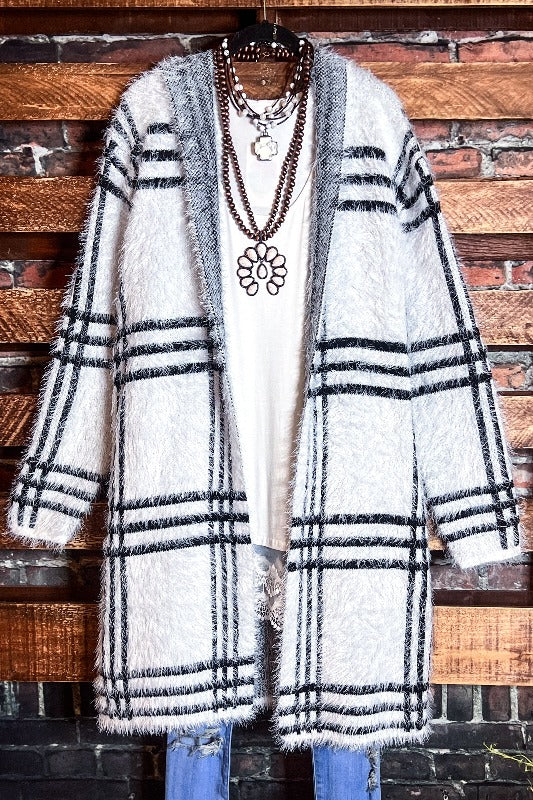 PLAID SWEATER CARDIGAN S-3X IN IVORY ---------SALE