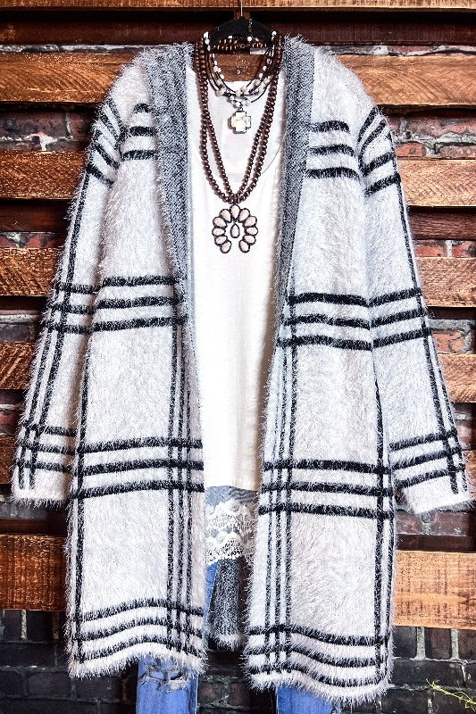 PLAID SWEATER CARDIGAN S-3X IN IVORY ---------SALE