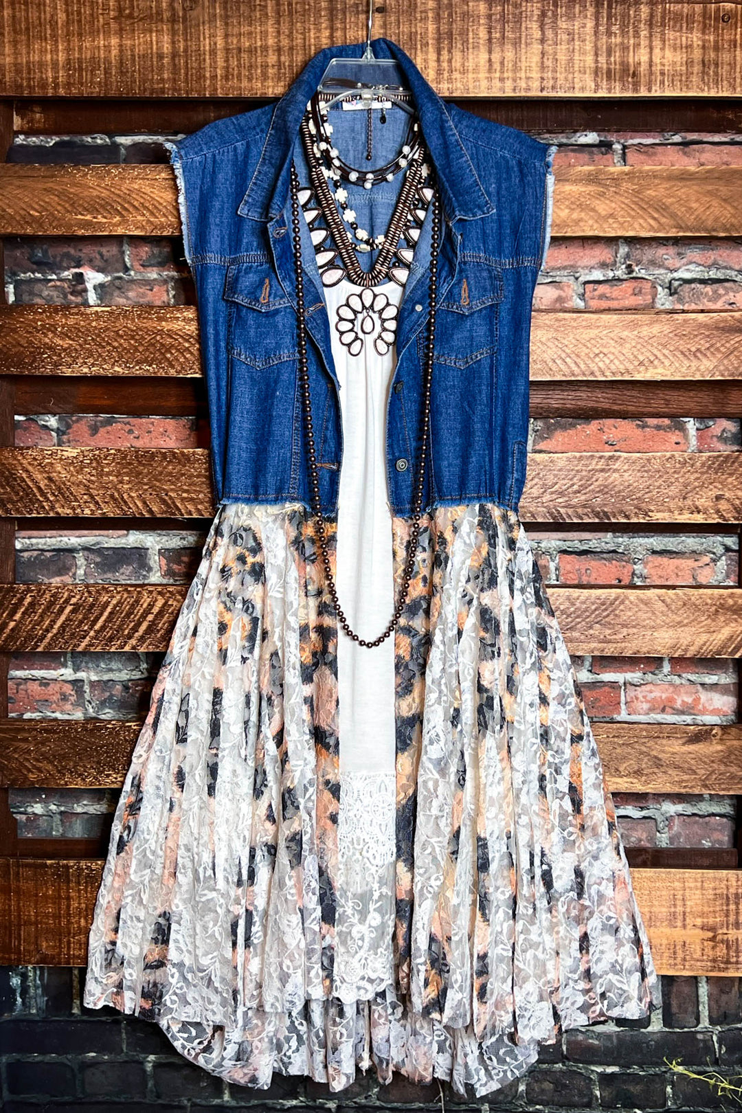 NEVER OUT OF STYLE LEOPARD LACE SHABBY TRIM DENIM VEST