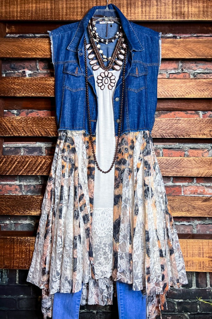 NEVER OUT OF STYLE LEOPARD LACE SHABBY TRIM DENIM VEST