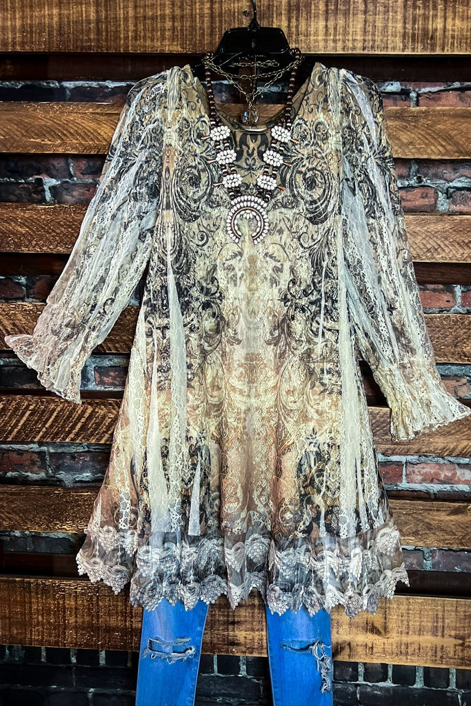 A FAIRYTALE STORY LACE TUNIC LAYERED IN BEIGE TAUPE BROWN