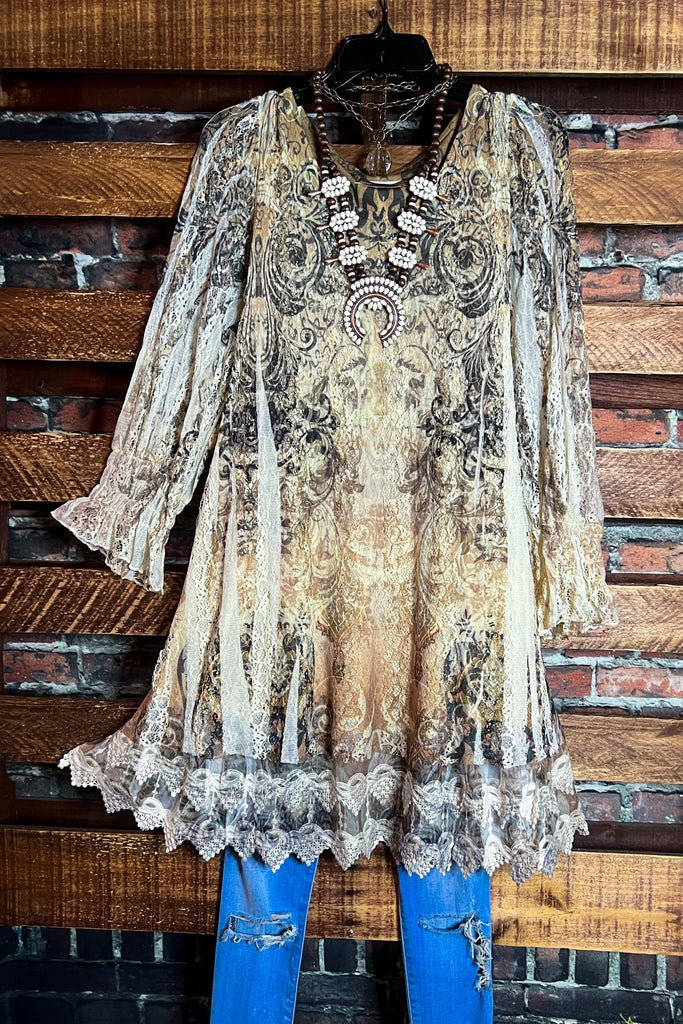 A FAIRYTALE STORY LACE TUNIC LAYERED IN BEIGE TAUPE BROWN